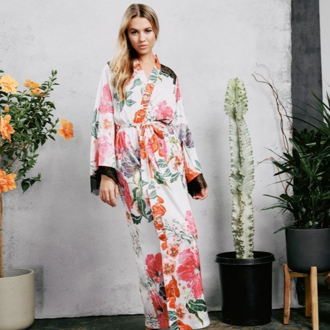 Satin Maxi Robe - Embroidered Floral