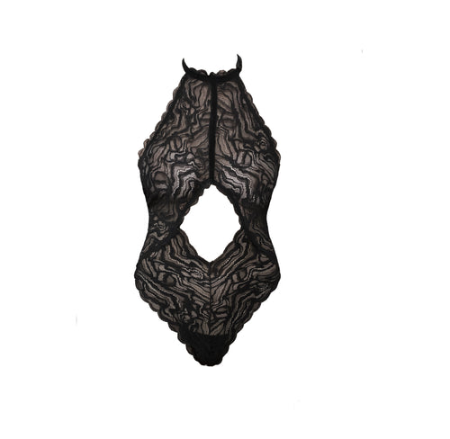 Soft lace halter bodysuit trimmed in velvet elastic and lined in 100% cotton. Cut out detail in center front gives a beautiful glimpse of skin.